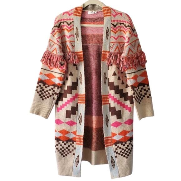 Anthropologie THML Aztec Fringe Southwestern Cardigan Tunic Length Sweater XS - Picture 4 of 7